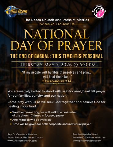 Invitation flyer for National Day of Prayer event on May 7, 2026, hosted by The Room Church and Press Ministries.