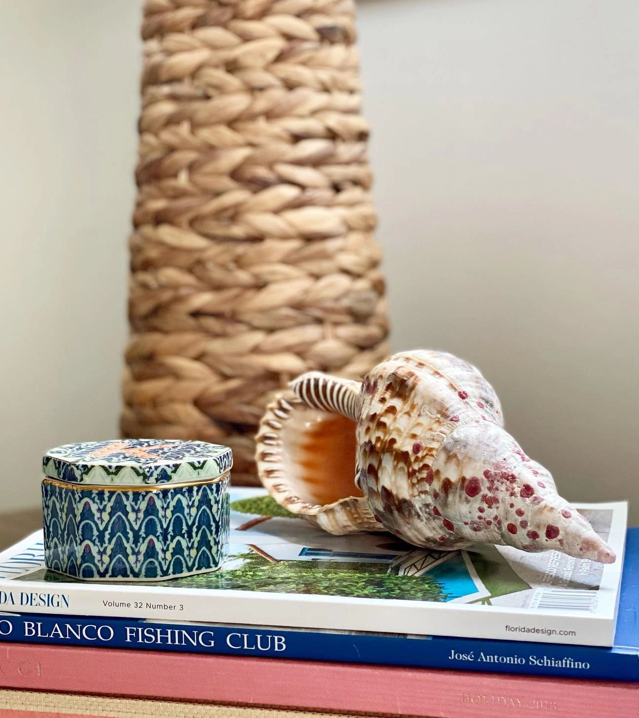grasscloth lamps on nightstand seashell conch shell book stack amanda lindroth
