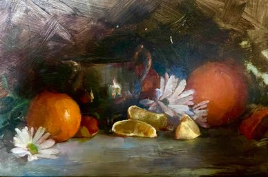 Oranges and pewter oil painting by artist Ashley Johnson 