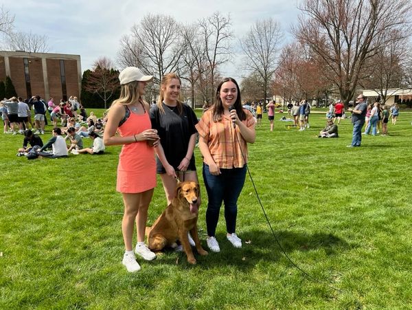 Three women and a dog enjoy a sunny day on a lively grassy field.