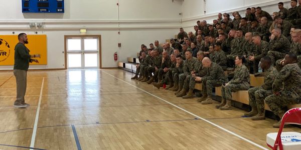 Jacob Schick speaking to Marines in Stuttgart, Germany on Veterans Day in 2019.