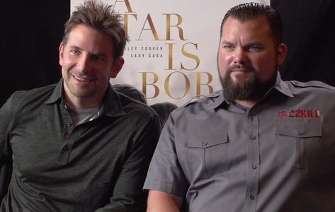 Bradley Cooper & Jacob Schick doing media interviews for "A Star is Born".
