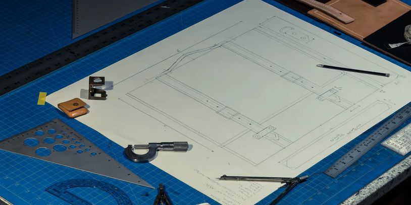 Technical drawing with drafting tools on a blue cutting mat workspace.