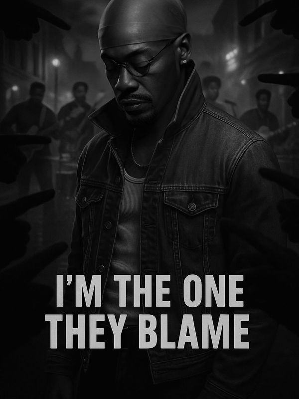 Man in denim jacket with text 'I'M THE ONE THEY BLAME' in a moody black and white setting.