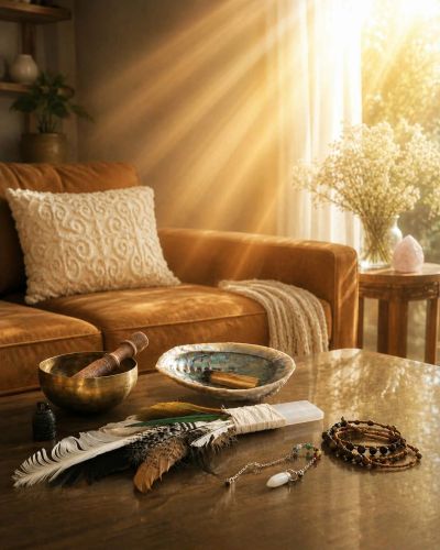 Cozy living room with spiritual items on table and golden sunlight.
