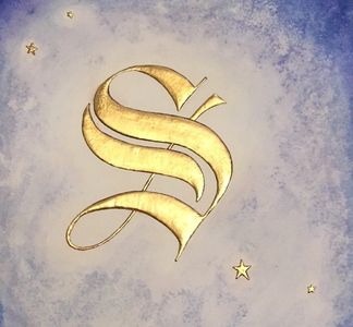 S for Sirius. A modern design using traditional gesso with 24 ct transfer gold and watercolour