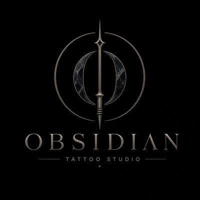 Logo of Obsidian Tattoo Studio with a spear and crescent design.
