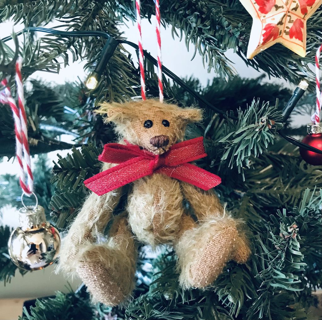 Tiny, handcrafted, jointed bear made from Steiff Schulte gold mohair, glass eyes and cotter-pin join