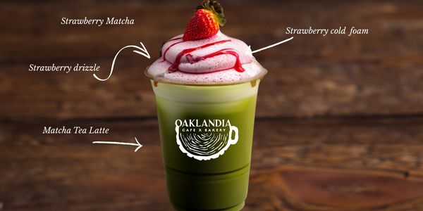 Delicious  creamy matcha, topped with a delicious strawberry cold foam, and strawberry drizzle. 