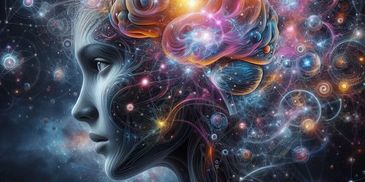 Futuristic human head with glowing brain and neural networks.