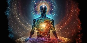 A glowing figure meditates with cosmic energy swirling around.