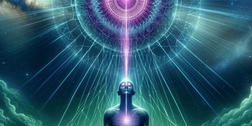 A glowing figure meditates with a radiant cosmic energy above its head.