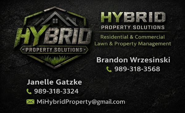 Business card for Hybrid Property Solutions offering lawn and property management.