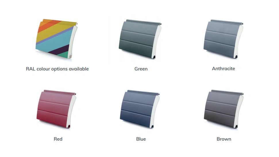 Six samples of garage door colour options.
RAL, Green, Anthracite, Red, Blue, Brown