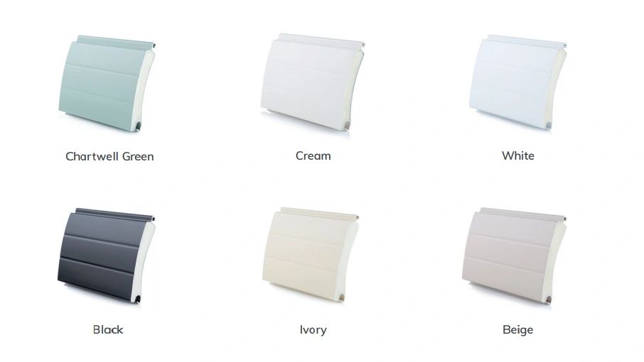 Six samples of garage door colours. Chatwell Green, Cream, White, Black, Ivory, Beige