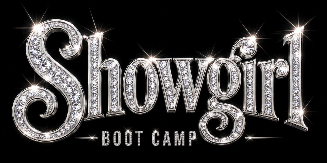 Glittering diamond-studded text reading 'Showgirl Boot Camp' on black background.