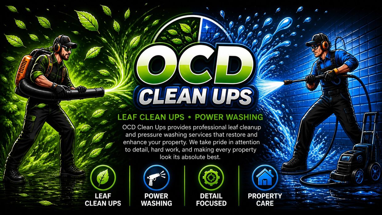 Illustration promoting OCD Clean Ups with leaf cleanup and power washing services.