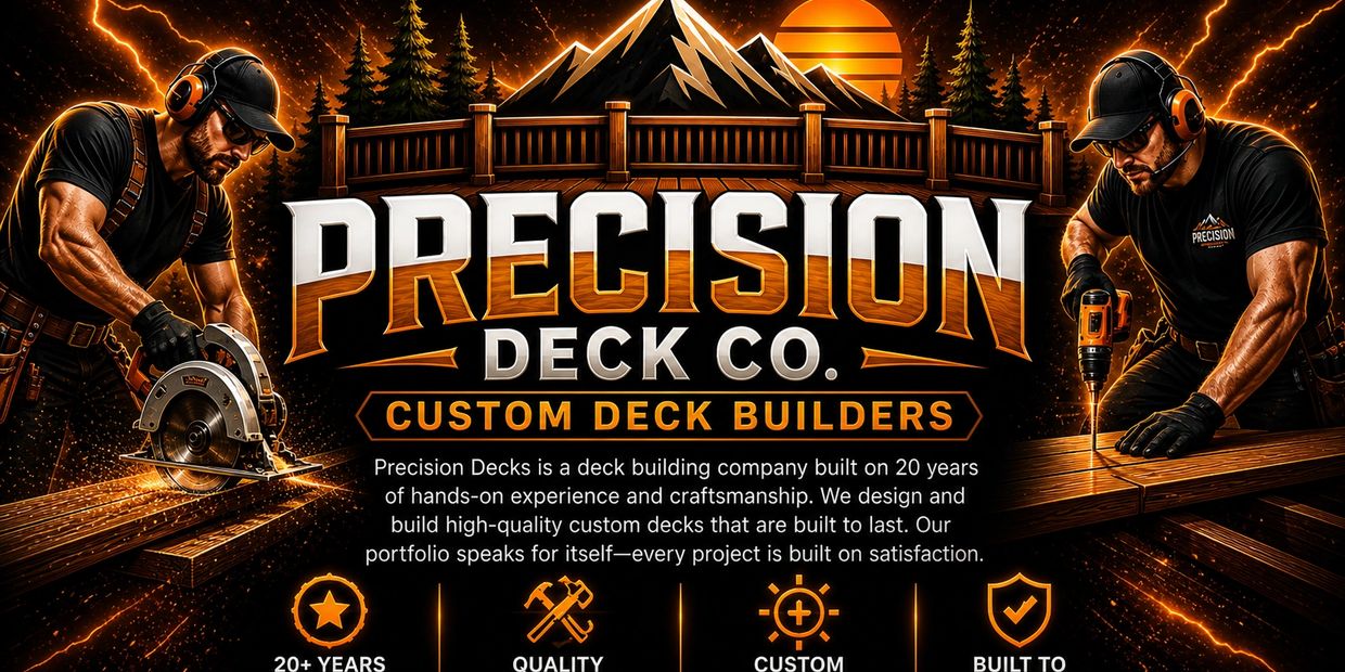 Precision Deck Co. custom deck builders shown with workers using power tools.