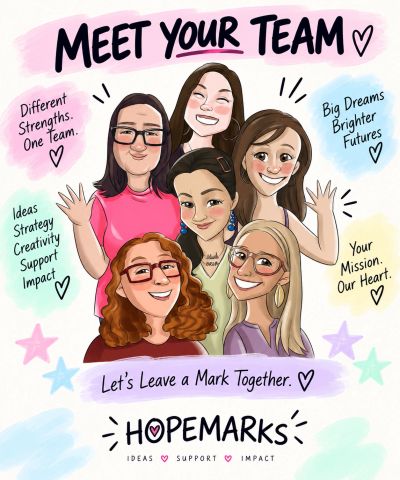 Illustration of a diverse team with positive messages about teamwork and impact.