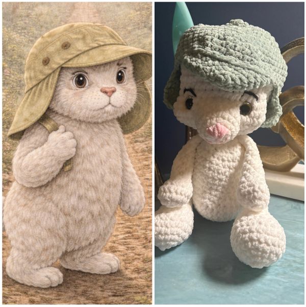 Stuffed animal characters wearing hats, illustrated and crocheted.