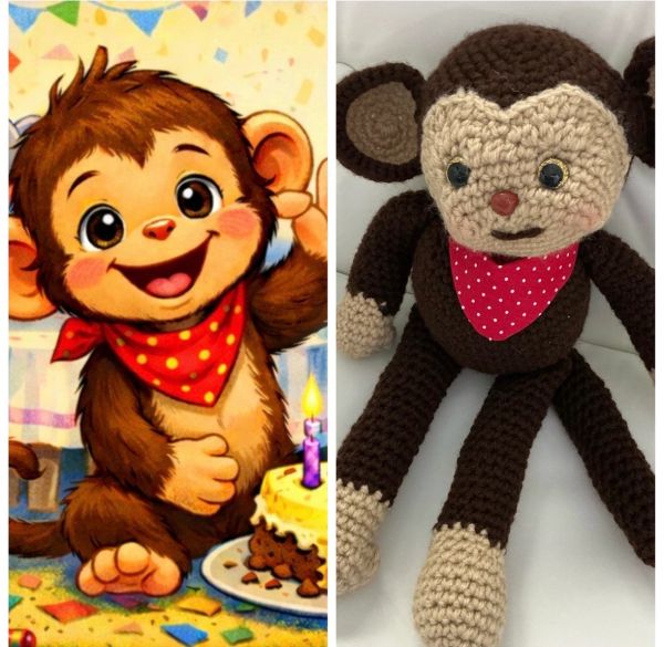 Cartoon monkey and crocheted monkey doll with red bandanas.