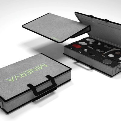 Gray MINERVA-branded case with organized tools inside.
