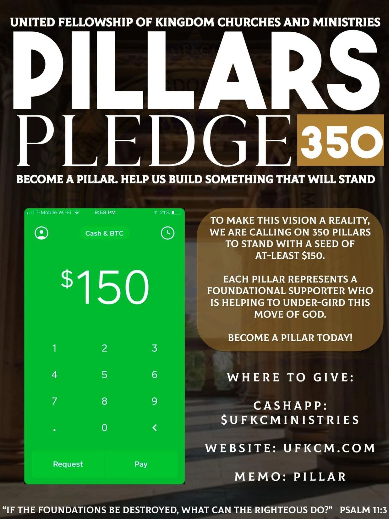 Pillars Pledge campaign calls for 350 supporters to donate $150 each.