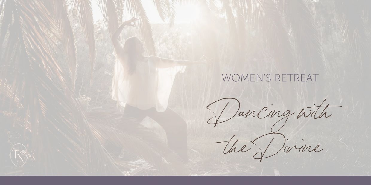 Woman dancing in nature promoting a women's retreat titled "Dancing with the Divine."