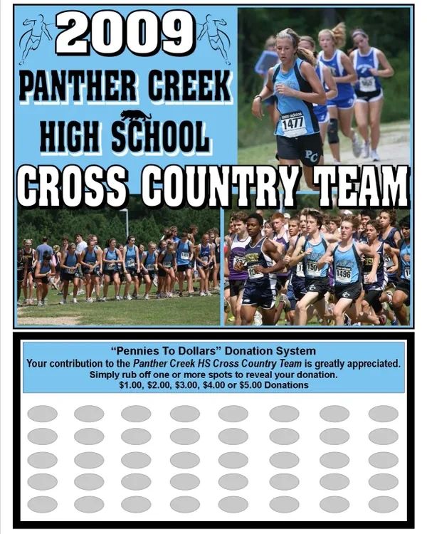 2009 Panther Creek High School Cross Country Team with donation scratch-off chart.