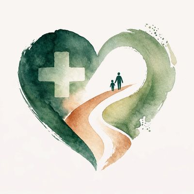 Heart-shaped watercolor with a medical cross and two walking figures.