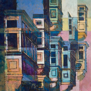 Abstract painting of colorful building facades.