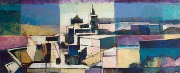 Abstract cityscape painting with geometric shapes and vibrant colors.