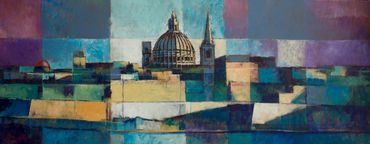 Abstract cityscape with domed buildings and geometric shapes.