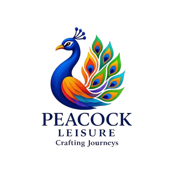 Colorful peacock logo with vibrant feathers and text below.