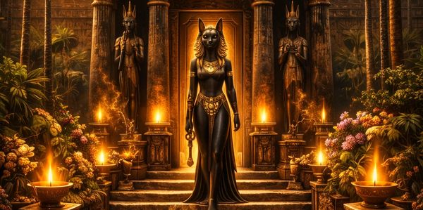 Anubis-like deity stands in an ancient Egyptian temple at sunset, surrounded by glowing torches and treasures.