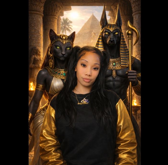 A woman stands confidently between two Egyptian gods with a pyramid in the background.