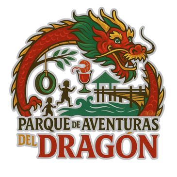 Logo colorido de un parque de aventuras con un dragón.