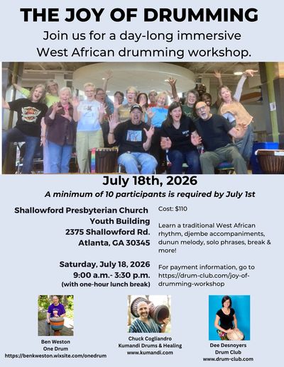 Group photo promoting a West African drumming workshop in Atlanta on July 18, 2026.
