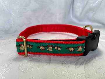 Golden Jingle Bells on Green wit Red Web Collar.