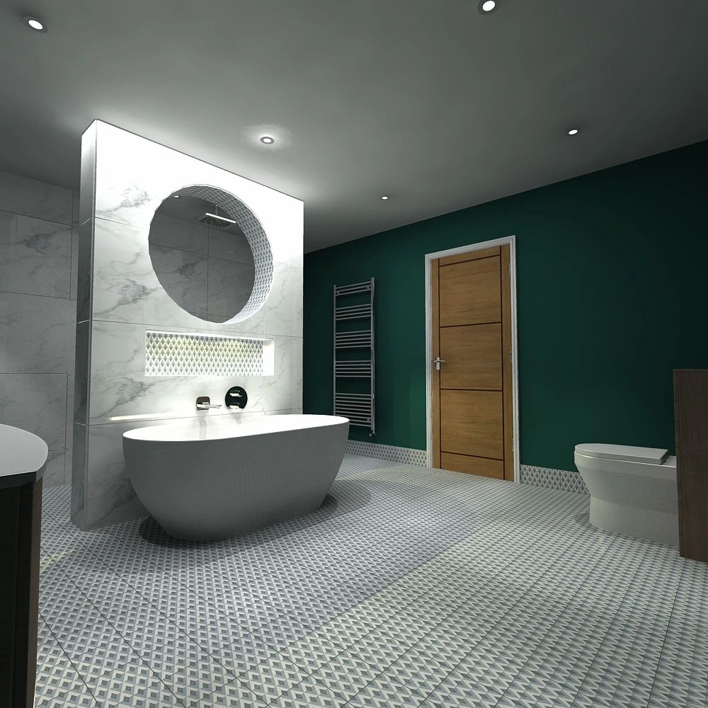 Bathroom design, freestanding bath, virtual worlds