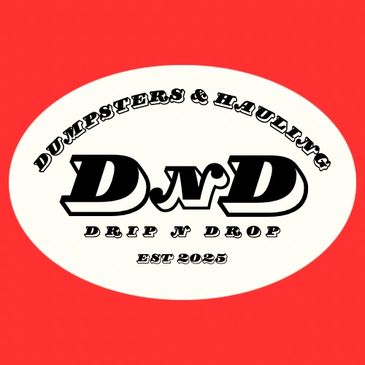 Logo for Drip N Drop Dumpsters & Hauling with bold black text on white oval and red background.