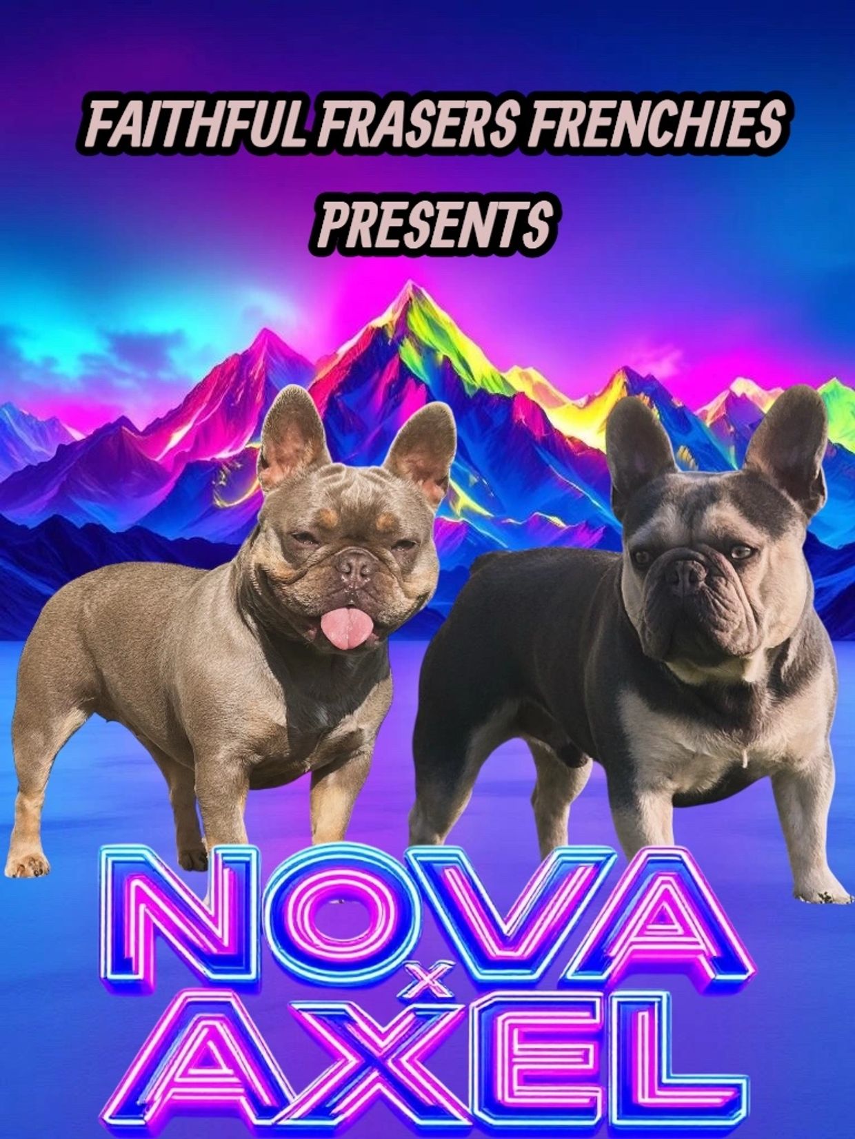 Two French Bulldogs with neon mountains background and vibrant text.