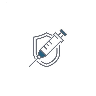 A syringe in front of a shield symbolizing vaccination protection.