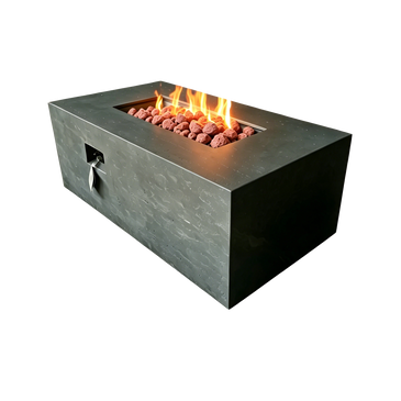 Modern rectangular fire pit with flames and lava rocks.