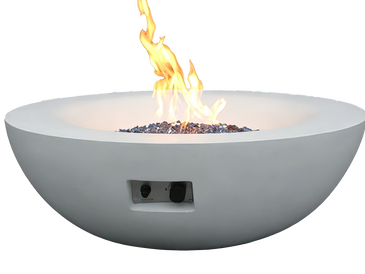 Modern round fire pit with a white finish and flames.