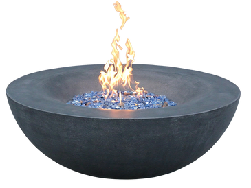 Modern fire pit with blue glass stones and a visible flame.