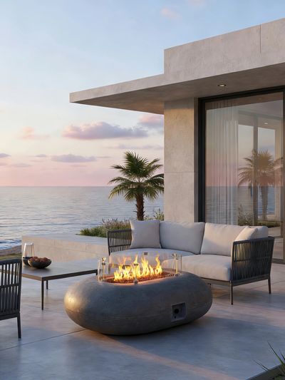 Modern outdoor patio with fire pit overlooking the ocean at sunset.