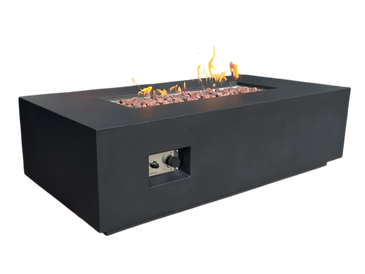 Modern rectangular outdoor fire pit with black finish and visible flames.