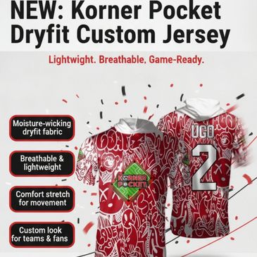 Custom lightweight, breathable Korner Pocket Dryfit jerseys.