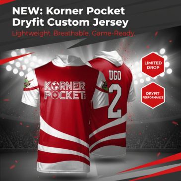 Korner Pocket Dryfit custom sports jersey in red and white.